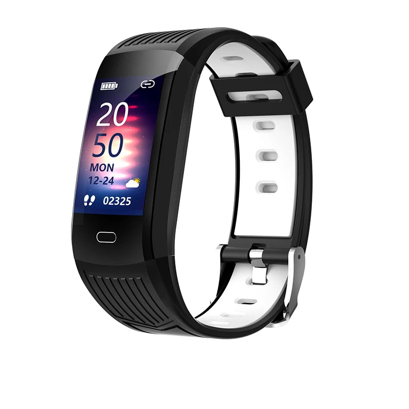 Sport smart watch angled view with blue silicone band and dark display