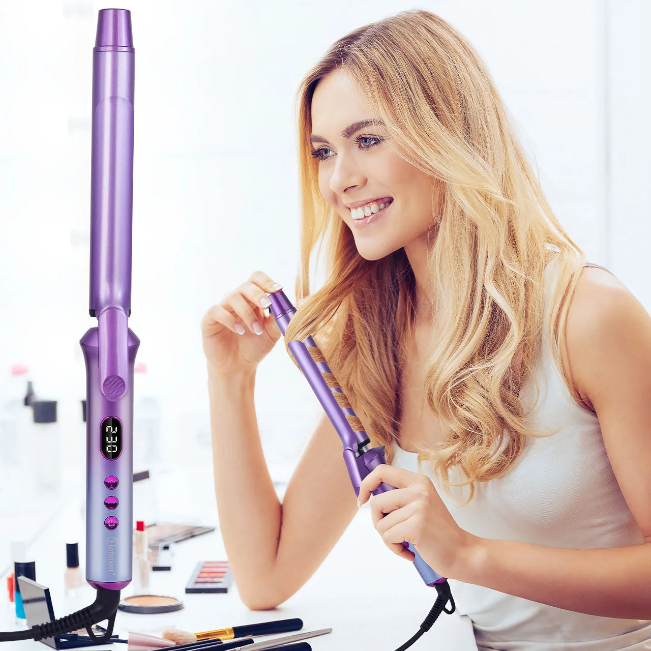 Person holding a purple curling iron for loose curls with clamp and buttons