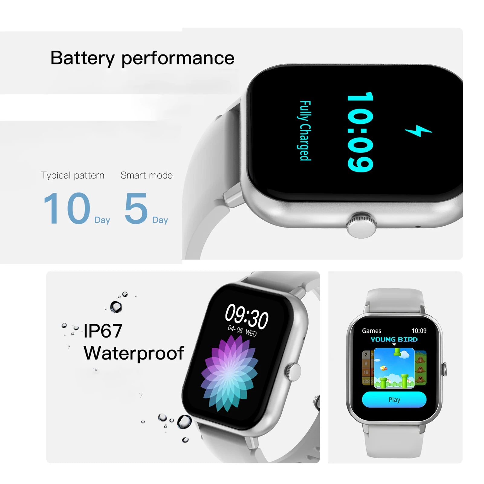 Fitness smartwatch with silver strap showing battery performance on display