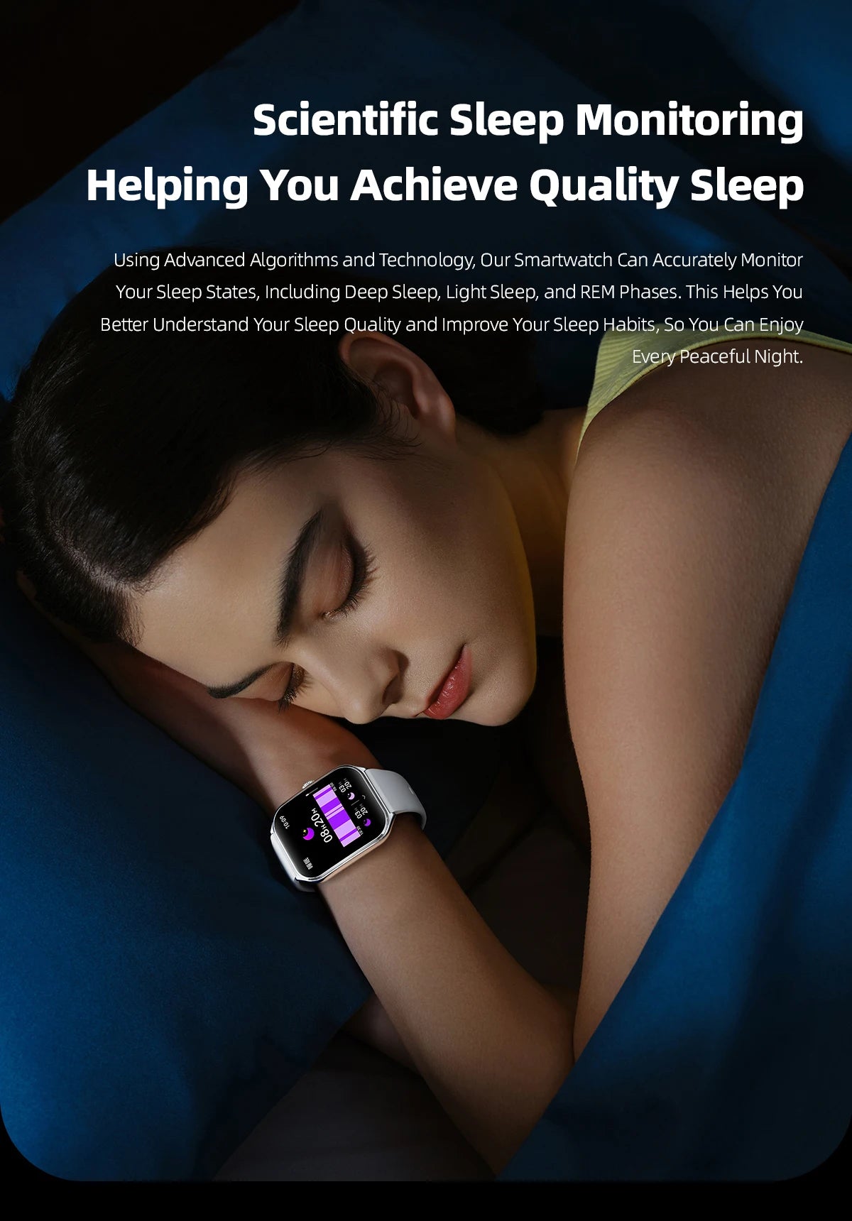 Ultra-thin AMOLED smart watch showing sleep monitoring screen, worn on wrist