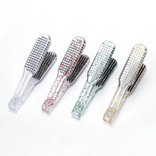 Double-sided hair brush set with clear handles, mixed black and patterned bristles