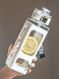 White sports water bottle with carry strap, flip-top lid, and timetable window