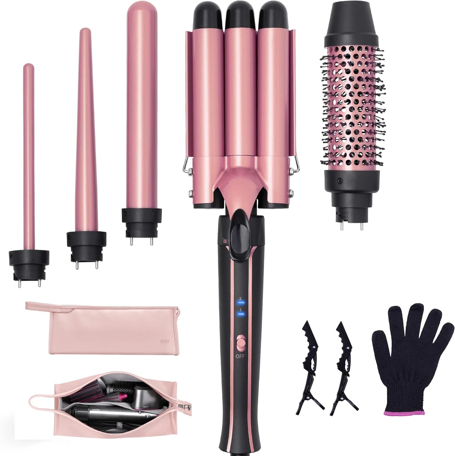 Pink and black 3-barrel curling iron set with brush, gloves, and storage pouch