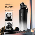 Insulated sports water bottle, gradient black to silver, with carry handle and black cap, 1.5L