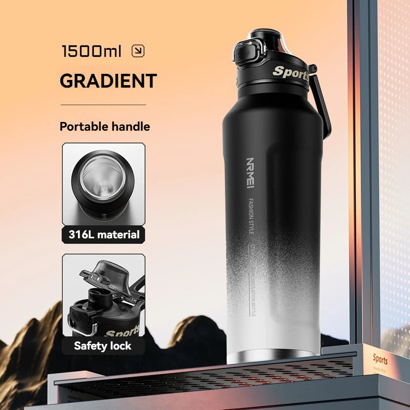 Insulated sports water bottle, gradient black to silver, with carry handle and black cap, 1.5L