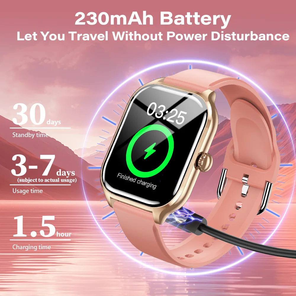 LAXASFIT H9 Pro Max smart watch with pink strap and gold case, displaying finished charging on screen