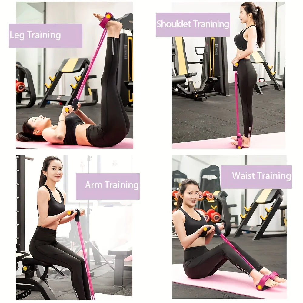 Purple resistance band system shown in multiple exercise positions with handles and pedals