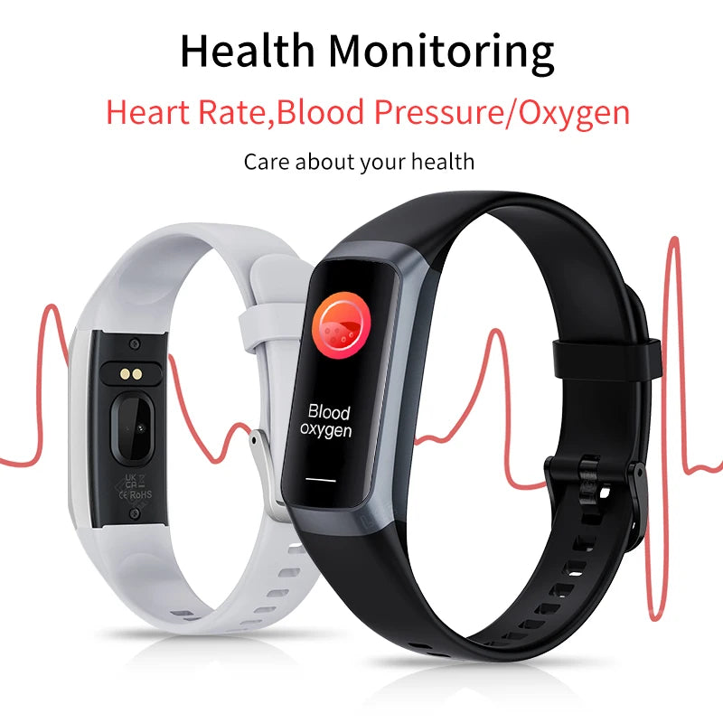 Smart fitness bracelet with black display and light gray silicone strap