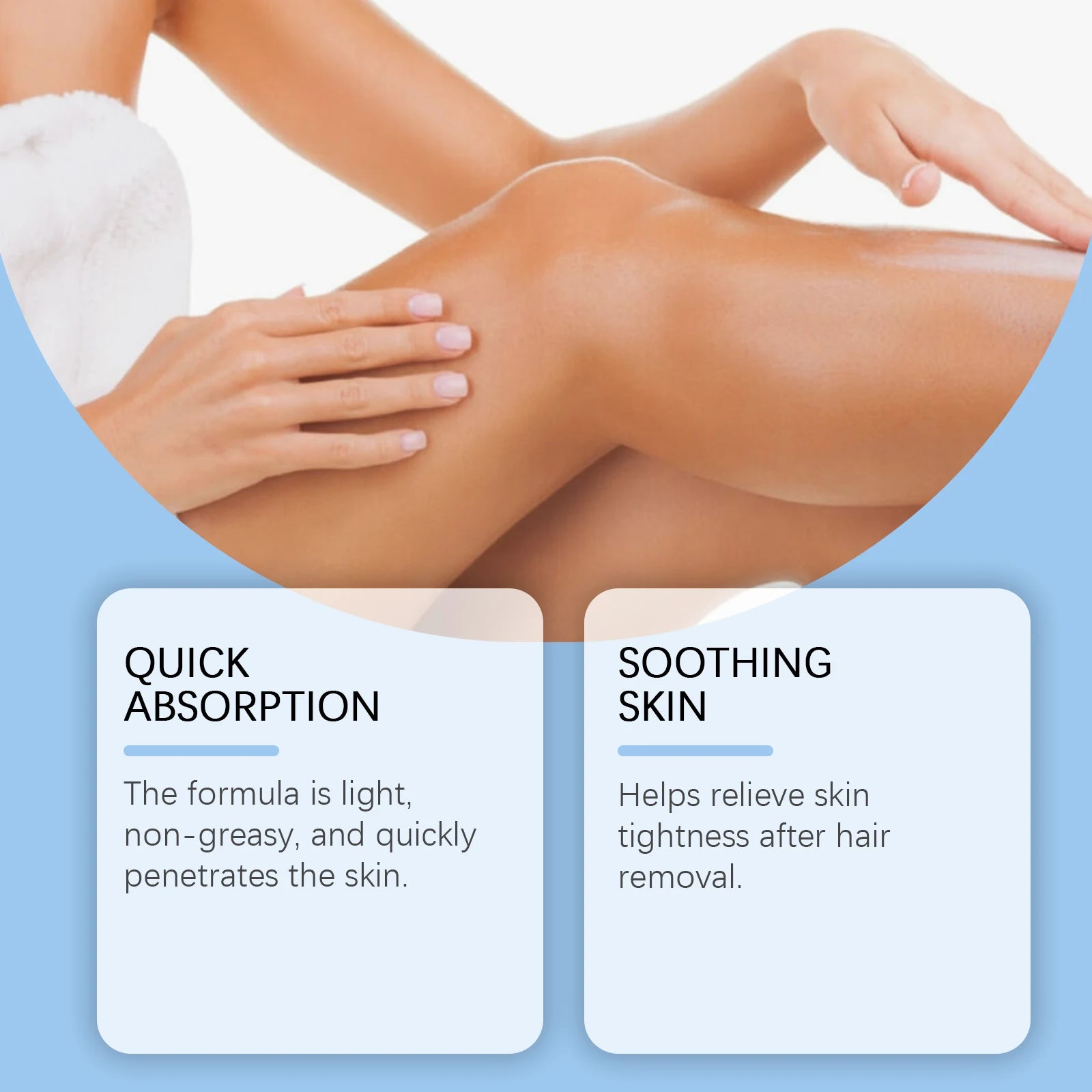 OceAura soothing spray applied to smooth leg skin, hands gently rubbing