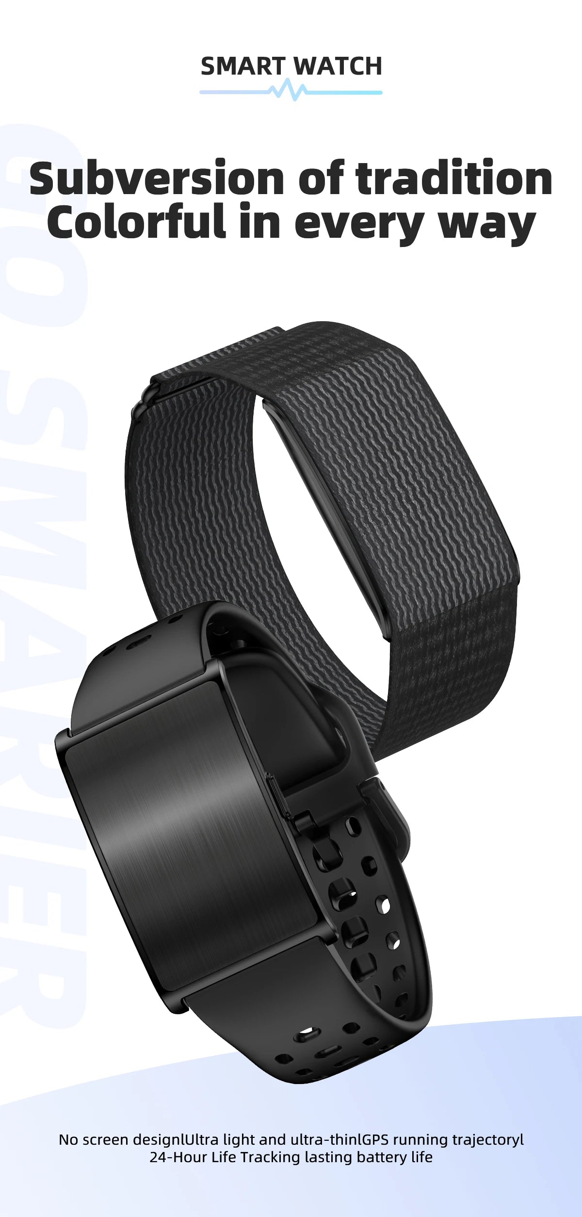 Black fitness smart bracelet with textured band and watch module shown in side view.
