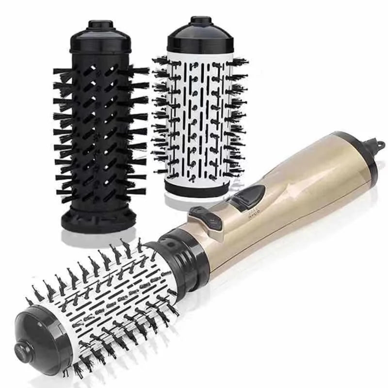 Gold hot air hair dryer brush with two detachable black rotating brush heads