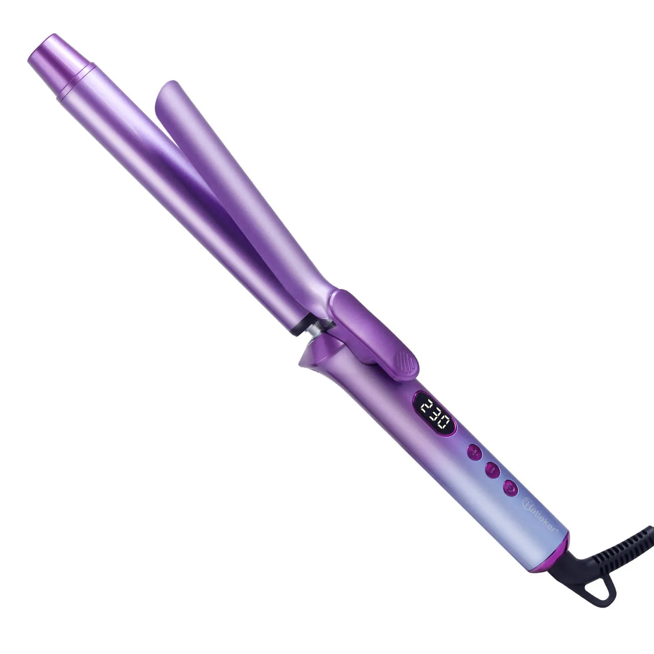 Purple 25mm hair curling tong with clamp and black power cord