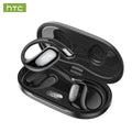 Black wireless sport earbuds in open charging case