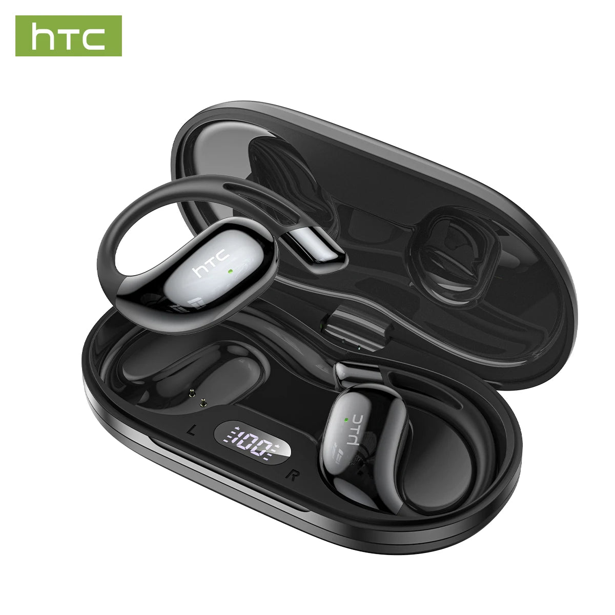 Black wireless sport earbuds in open charging case
