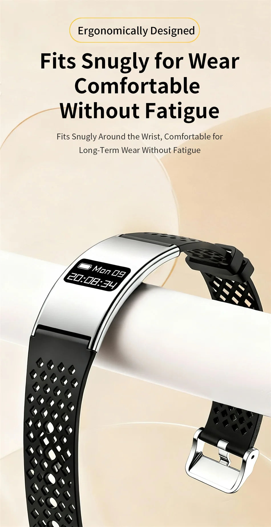 Slim smart fitness tracker bracelet with perforated black strap and OLED display