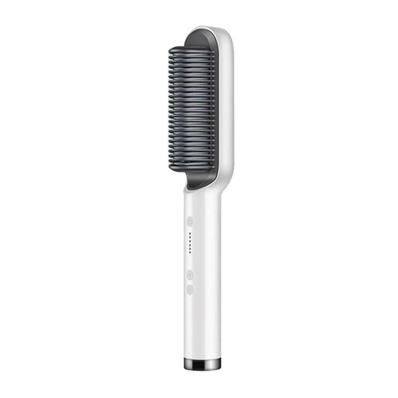 White smoothing hot brush hair straightener with gray comb teeth and control buttons