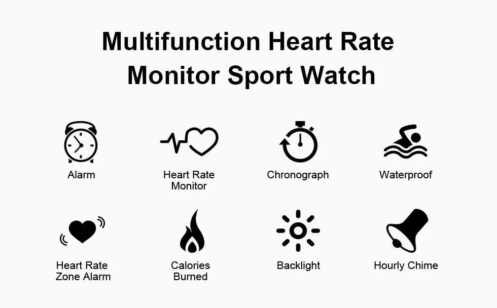 Heart rate monitor watch feature icons: alarm, heart rate, chronograph, waterproof