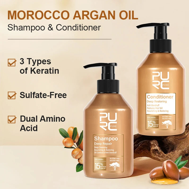 Moroccan argan oil shampoo and conditioner bottles with black pumps and PURC Pure labels