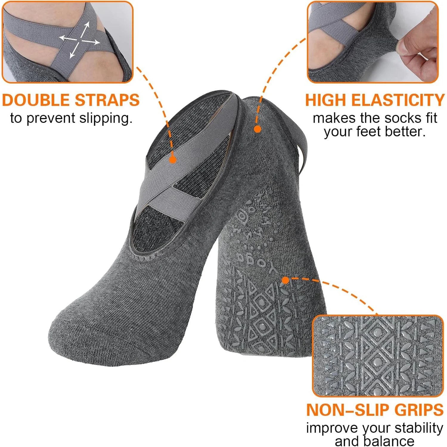 3-Pair Yoga Socks Set - Non-Slip Grip Socks with Straps for Women (Yoga, Pilates, Ballet)
