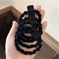 Hair scrunchie set with braided black elastic bands and round logo patches (5 pieces)