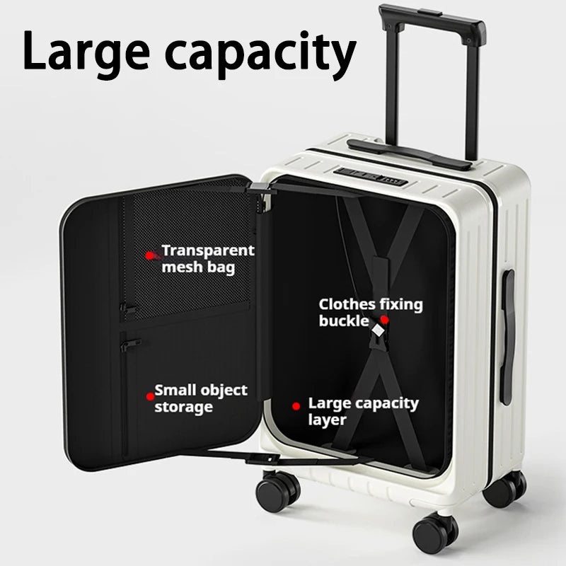White front-opening rolling suitcase with open panels and black mesh storage pocket