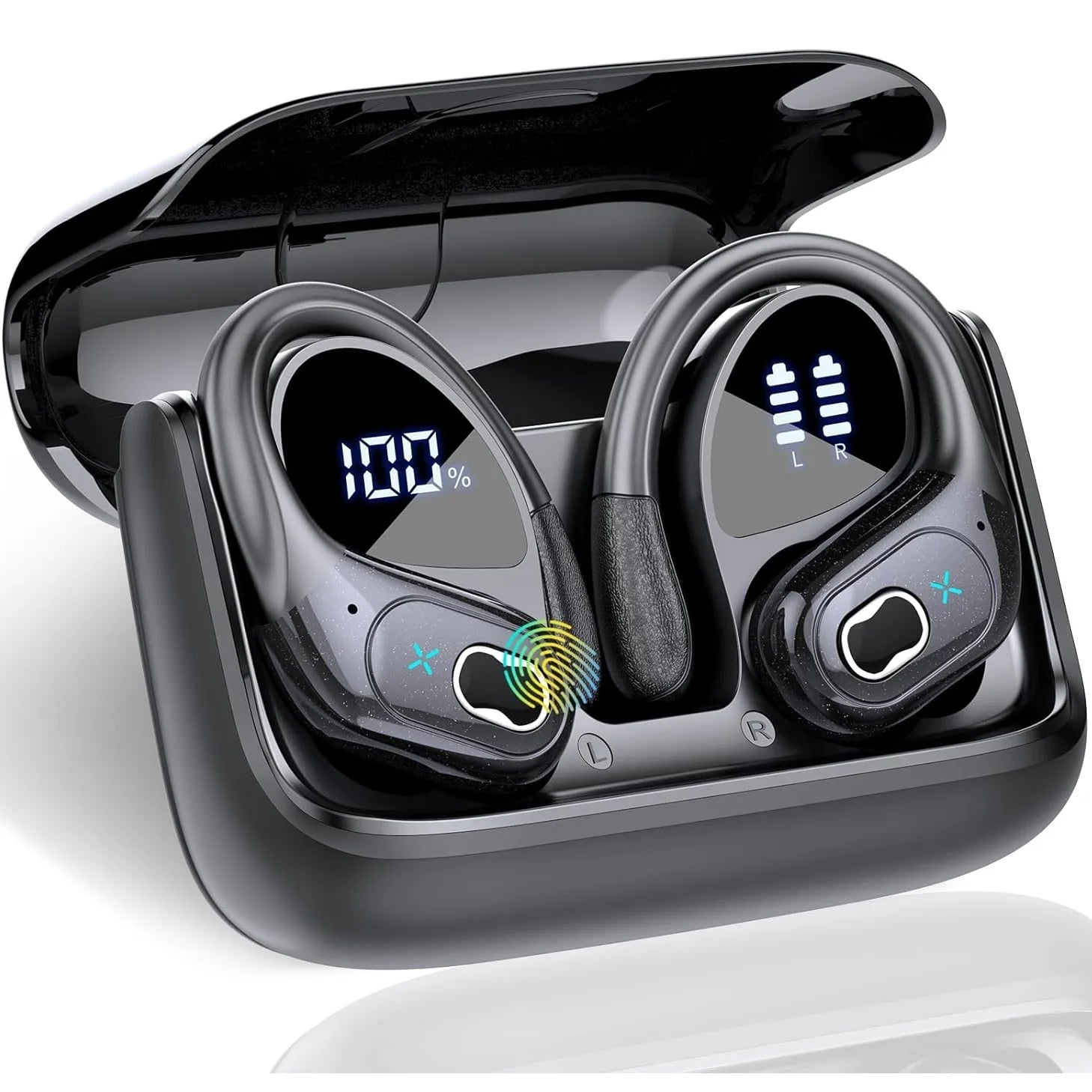 Black wireless earbuds in charging case with LED battery display and touch icons