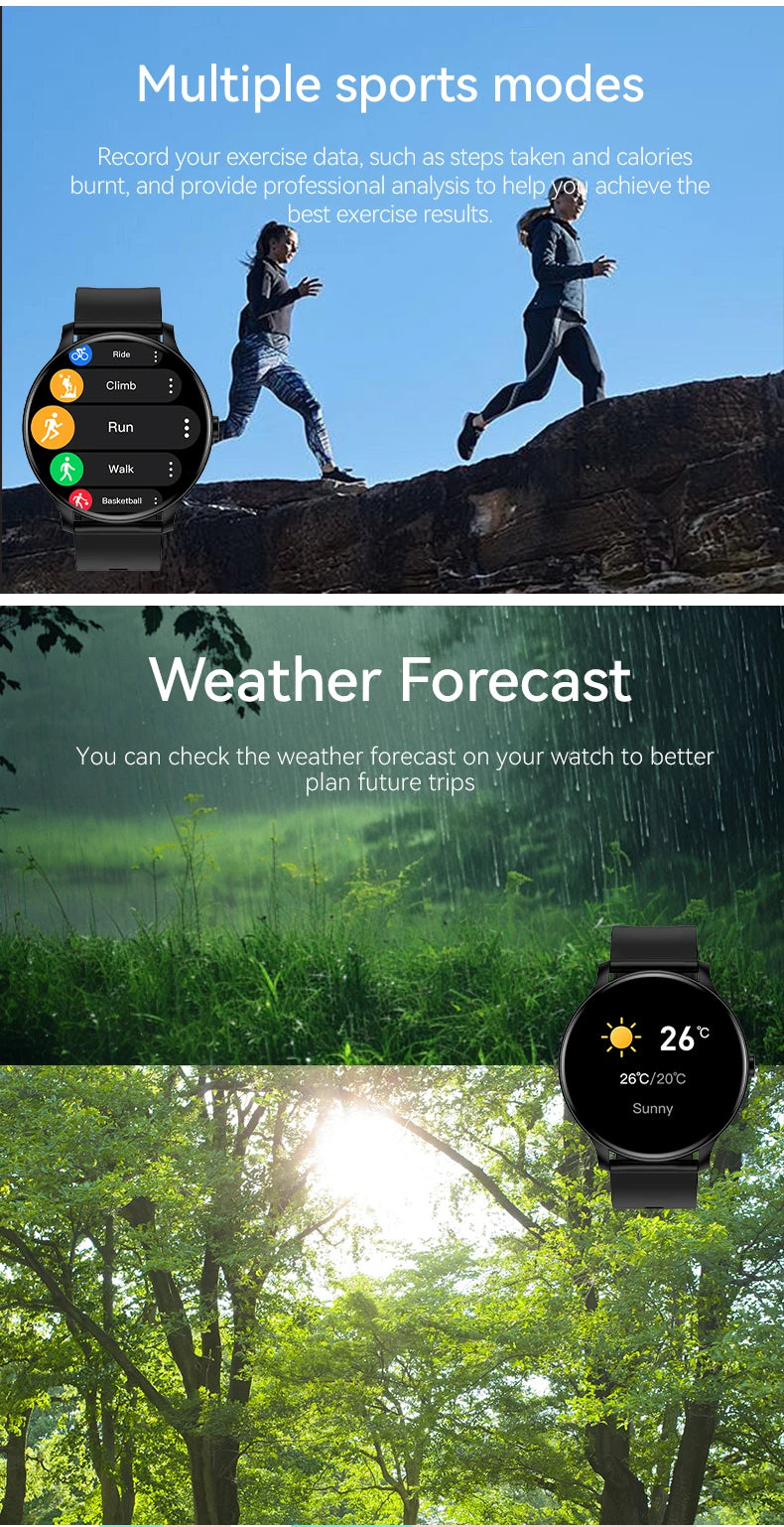 LAXASFIT GT2 smart watch by Cedar & Moore, black round display on a black band showing sport modes and weather