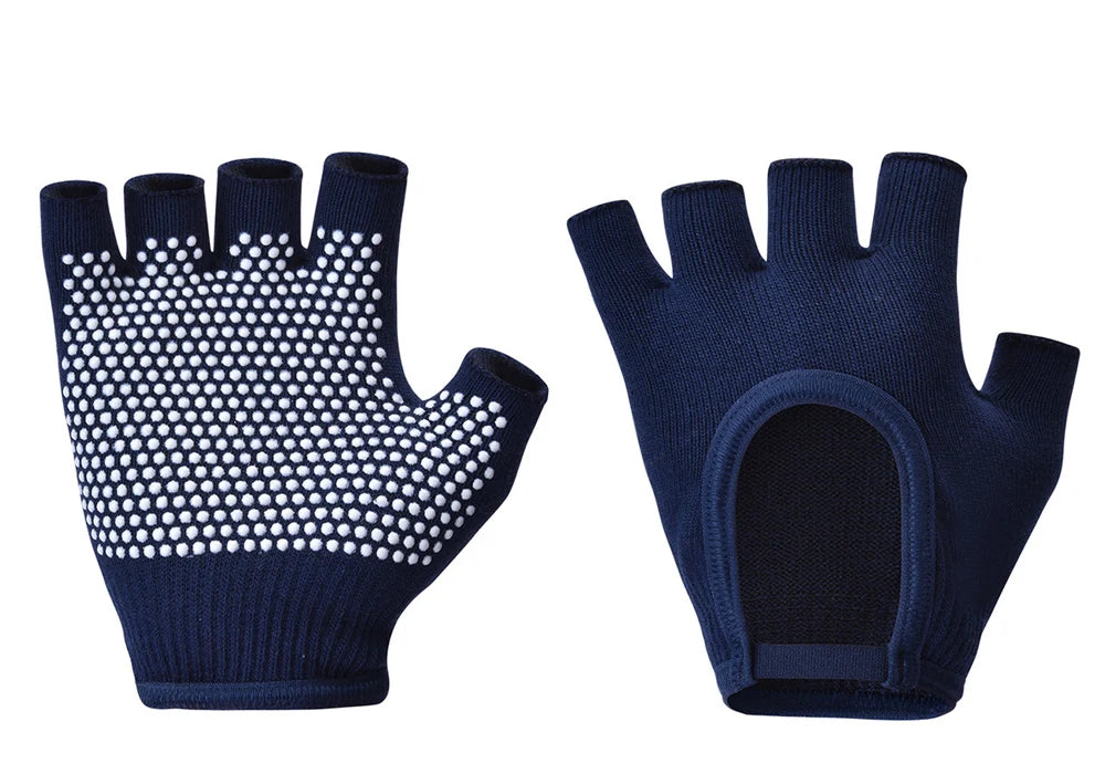 Navy half-finger yoga gloves with white grip dots and ribbed knit cuffs