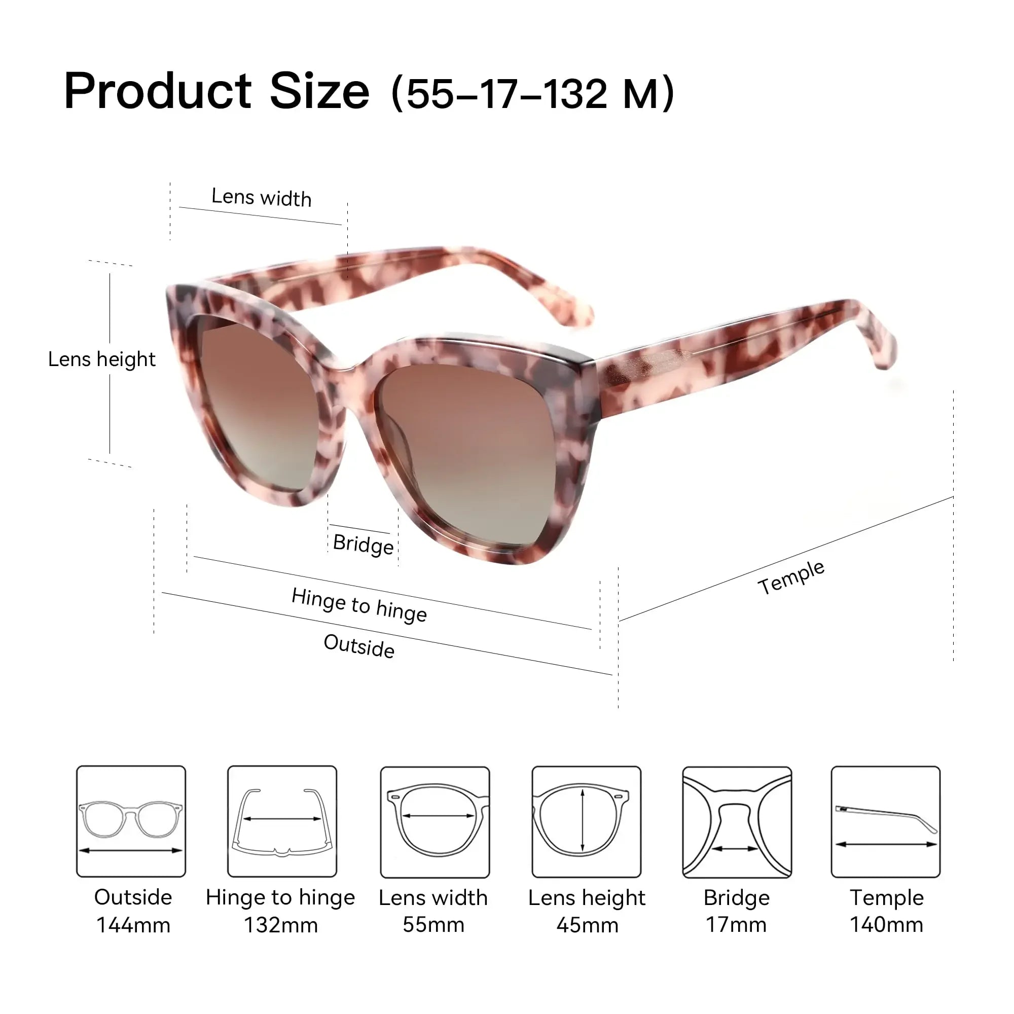 Cat-eye sunglasses on a size diagram with brown lenses and tortoise-pattern frames