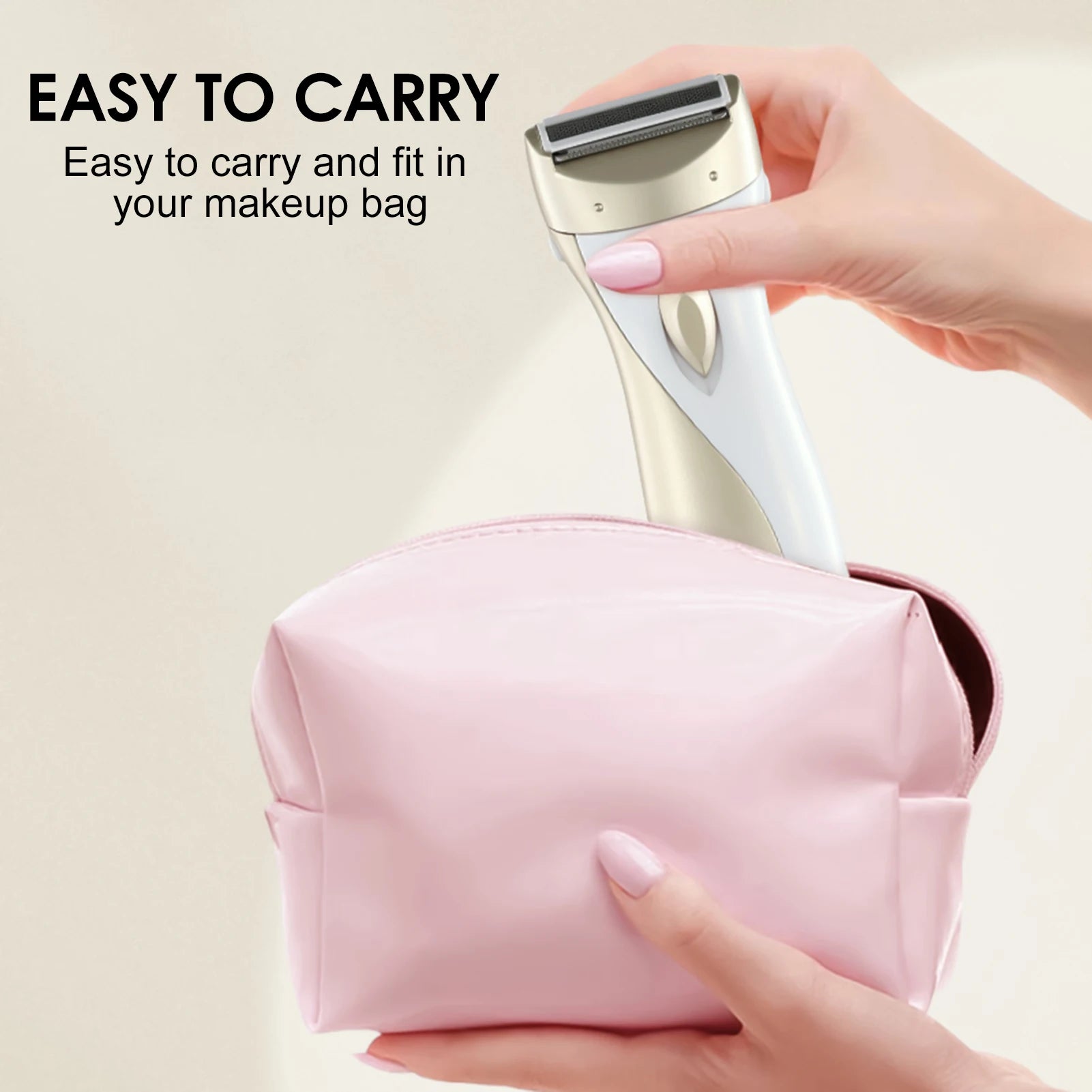 Rechargeable epilator held in hand with pink carrying pouch