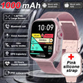 Smart Watch with pink silicone strap, 1.96" AMOLED display, Bluetooth calling and health monitoring