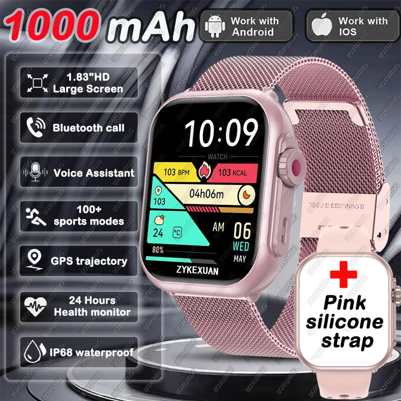 Smart Watch with pink silicone strap, 1.96" AMOLED display, Bluetooth calling and health monitoring
