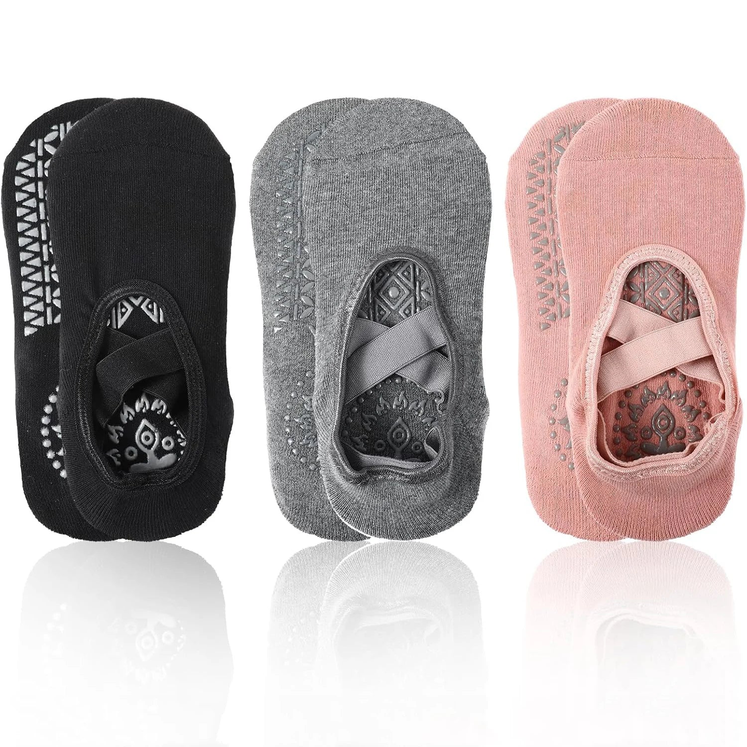 3-pack yoga toe socks in black, dark gray, and pink with non-slip grip soles