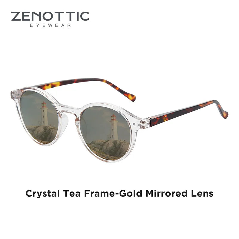 Retro polarized sunglasses, crystal tea frame with gold mirrored lenses
