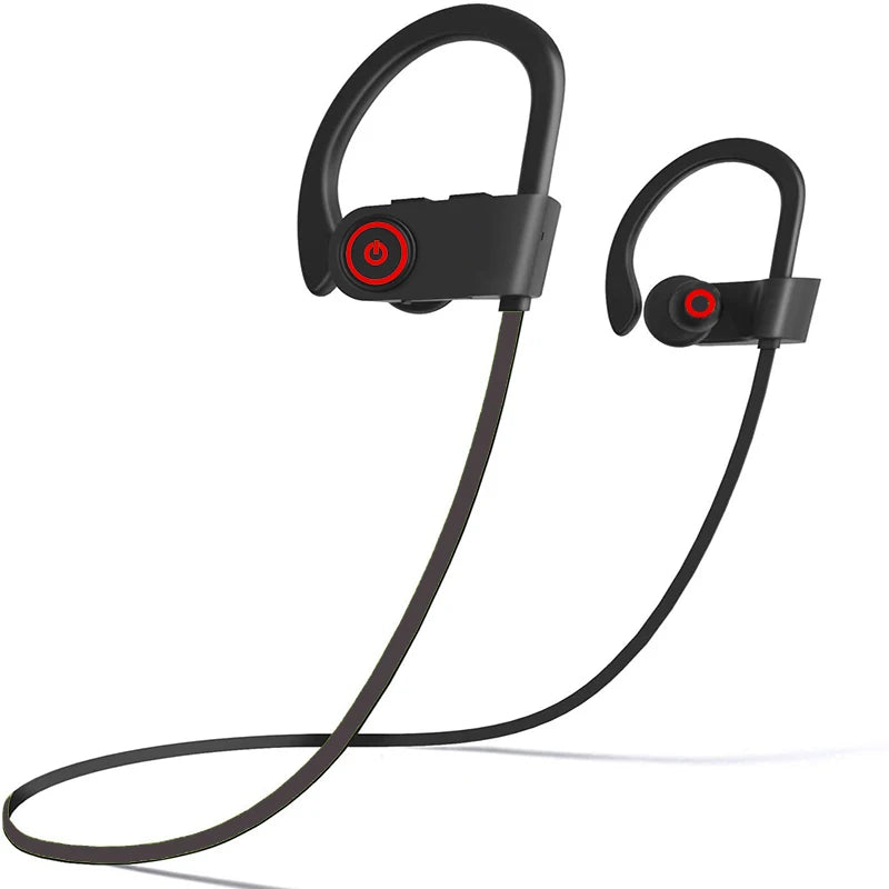 Black wireless sports headphones with two over-ear hooks and flexible neckband
