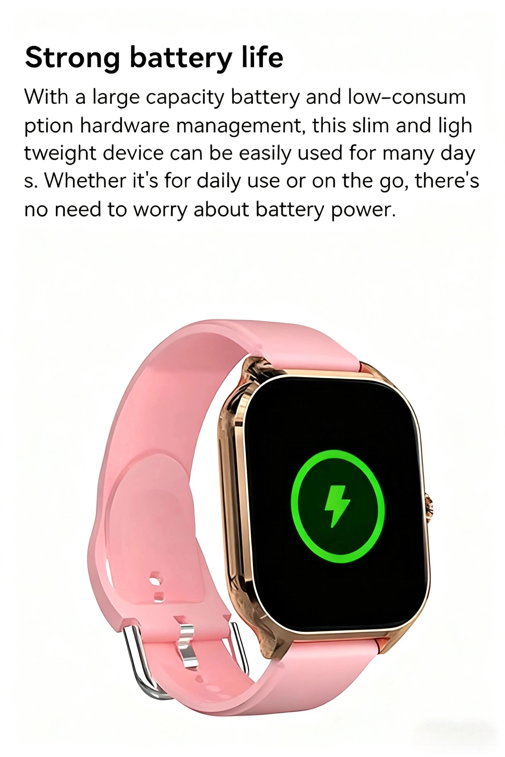 Smartwatch with pink silicone strap and rose-gold metal case, black display with lightning icon