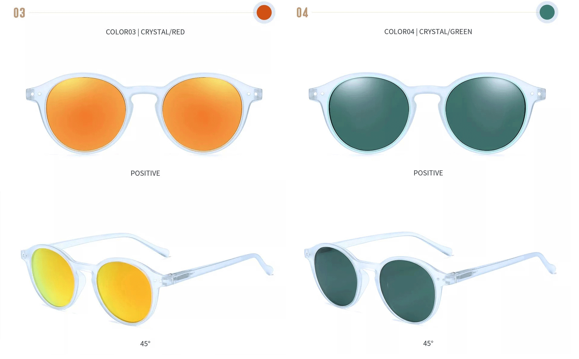 Crystal round sunglasses: white frame with orange lenses and white frame with green lenses.