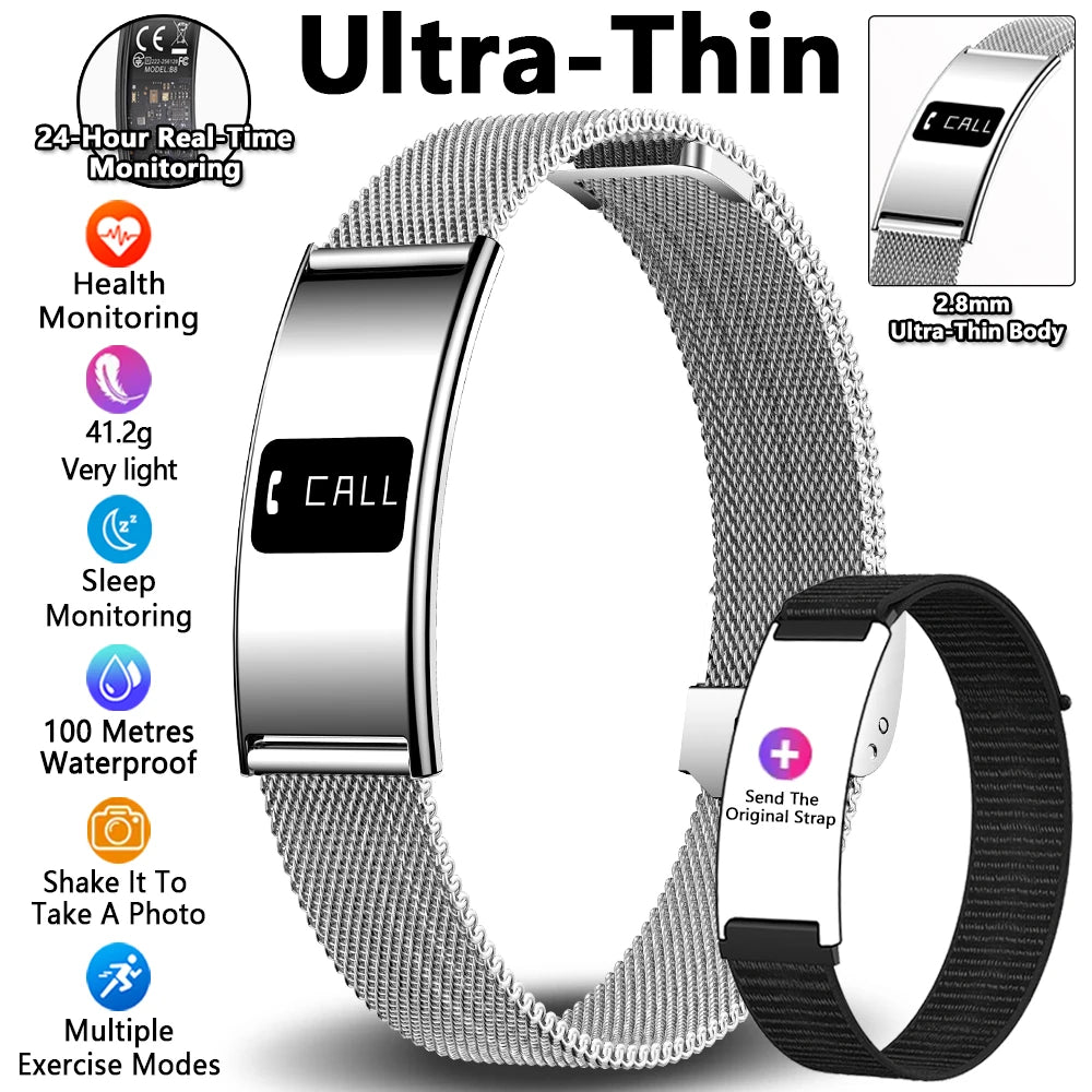 Smart fitness tracker bracelet with dark metal mesh band and matching dark silicone strap