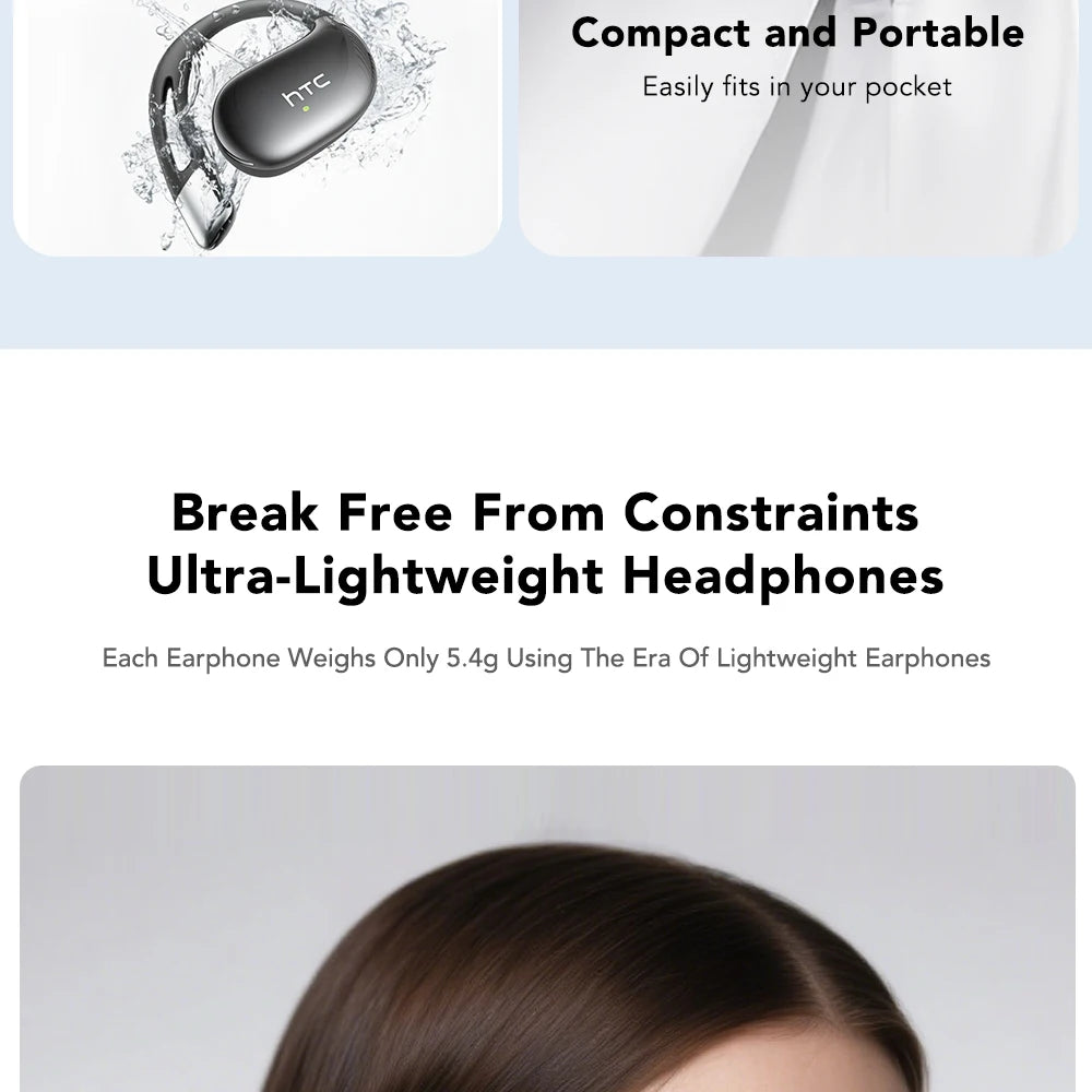 Lightweight black wireless earbuds on model, small in-ear headset design