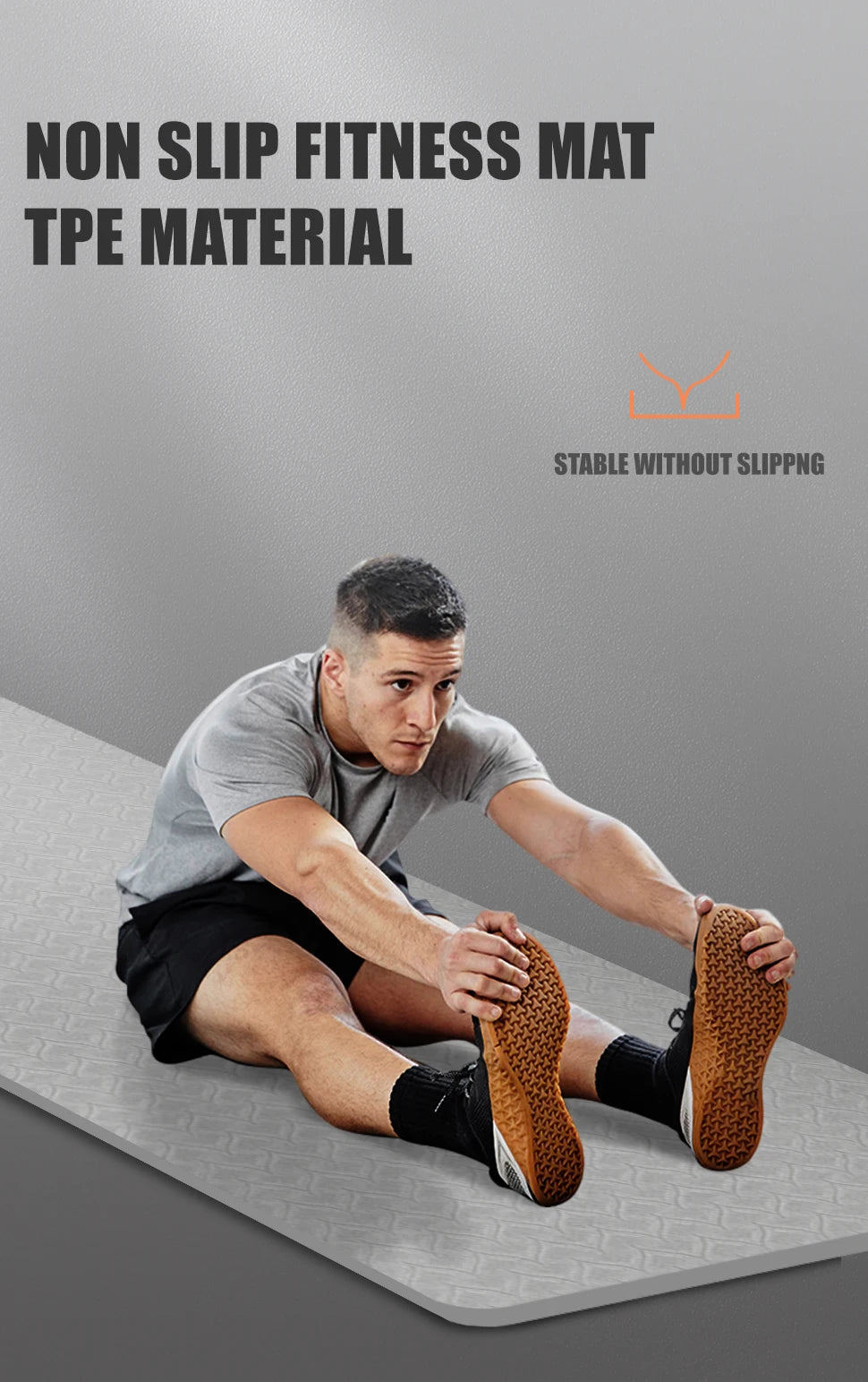 Gray non-slip TPE yoga mat with textured grip surface and secure traction