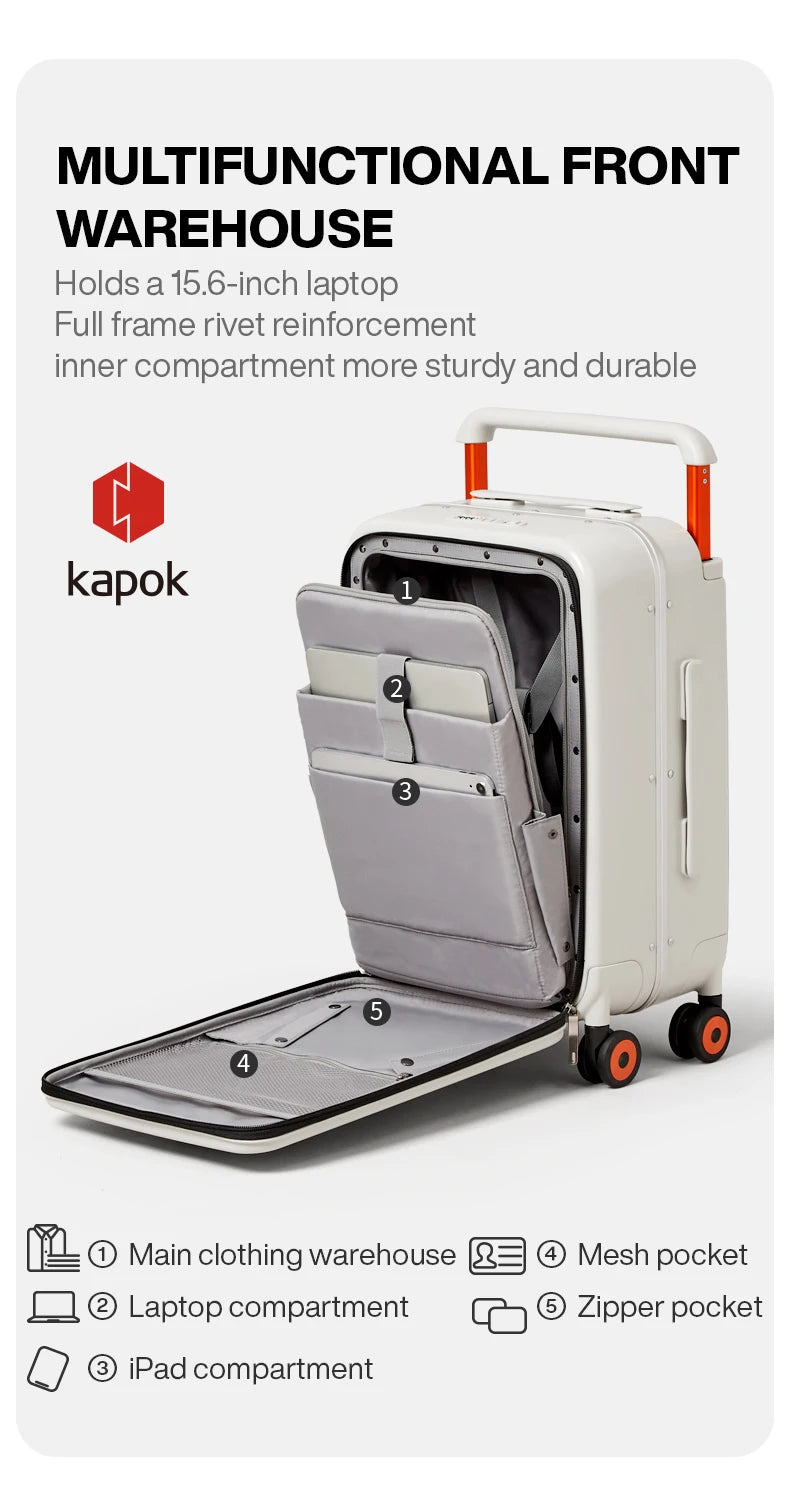 Carry-on trolley suitcase open front compartment with shelves and zipper pocket