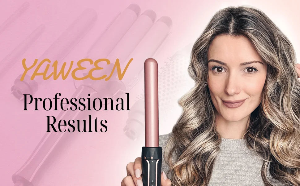 Rose-pink curling iron with black handle, single barrel tool held upright