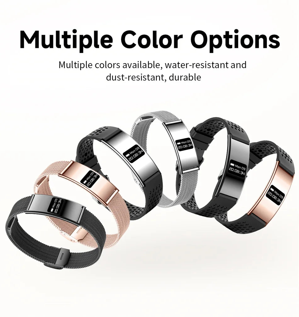 Fitness tracker bracelet set with multiple band colors and black display faces