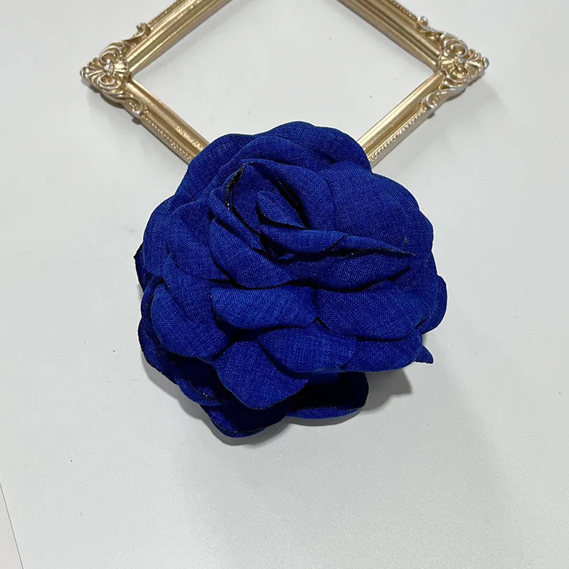 Fabric rose hair claw clip, dark blue fabric flower with gold claw base