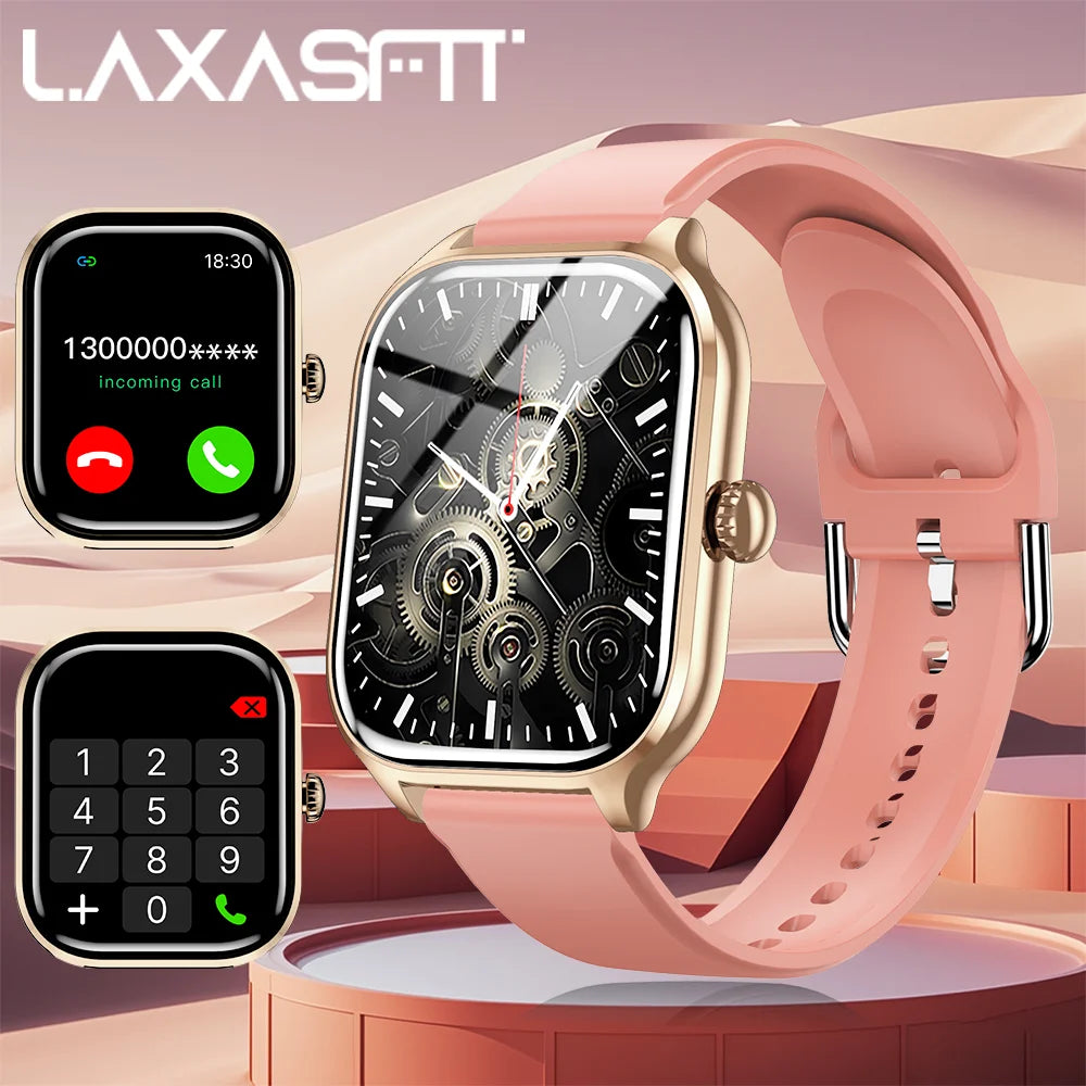 LAXASFIT H9 Pro Max smart watch with pink strap and gold case, displaying incoming call screen and dial keypad