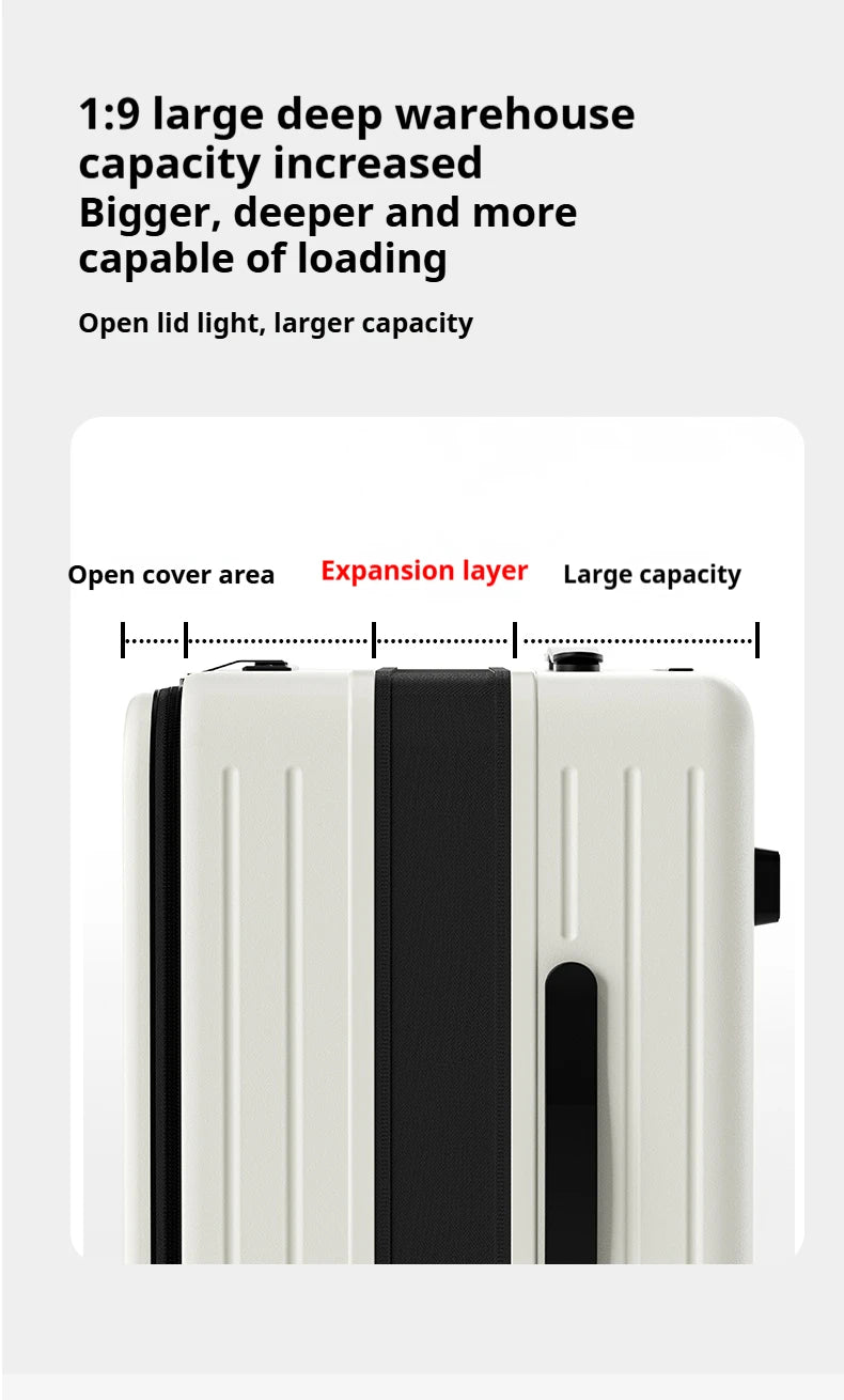 White rolling suitcase close-up showing front opening and interior divider panel