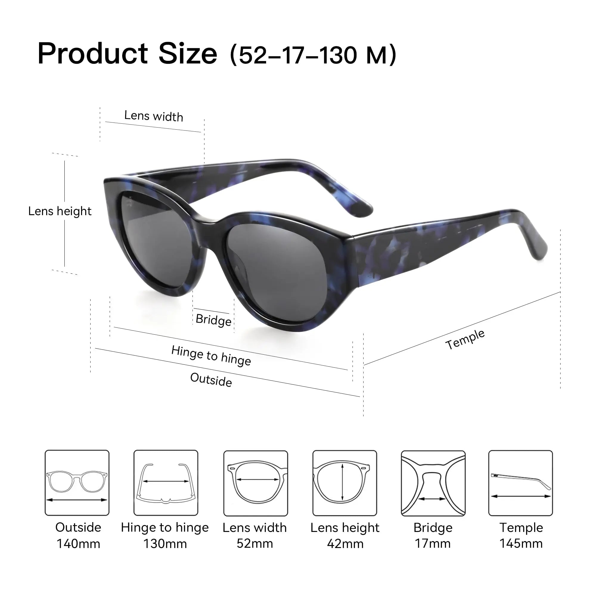 Women's cat-eye sunglasses with size measurement diagram