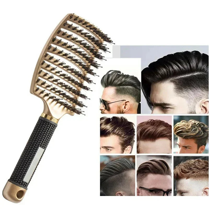 Boar bristle detangling hairbrush with gold pin pad and black textured handle
