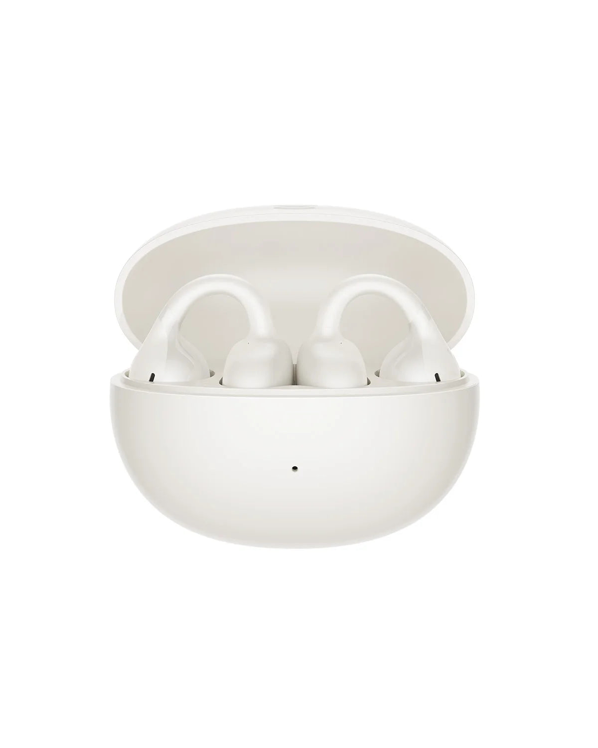 Wireless earbuds in white charging case with open lid, earbuds visible inside