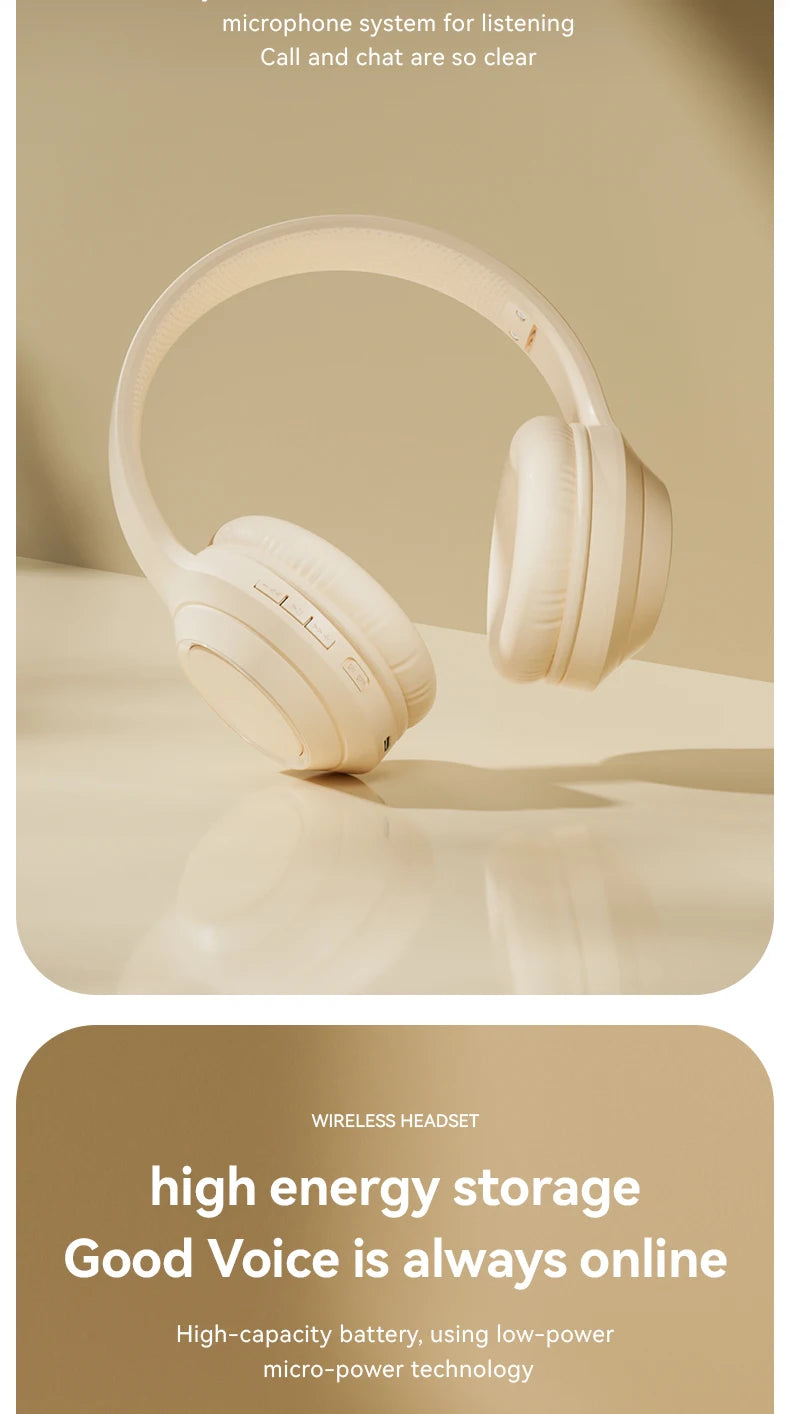 Over-ear wireless Bluetooth headphones, closed-back ear cups with padded cushions, cream.